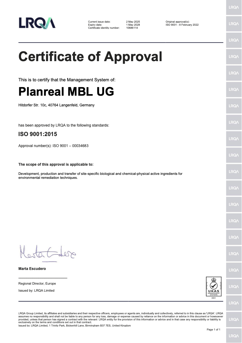 Certificate ISO 9001:2015 Environmental Remidation Techniques